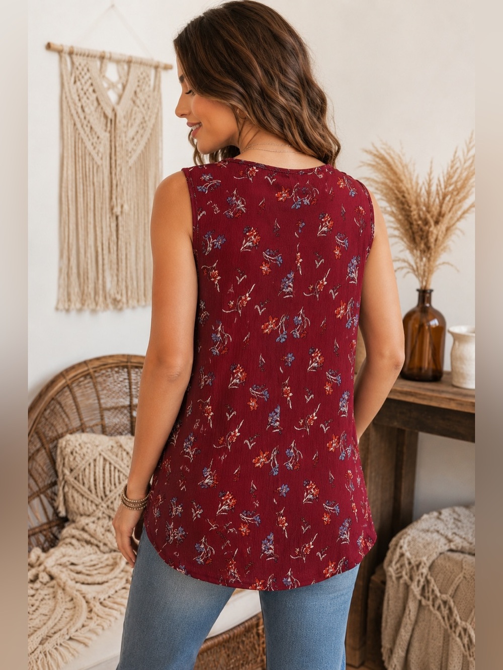 Daytrip Burgundy Floral Crisscross Crochet Lace Sleeveless Boho Top - Picture 2 of 7